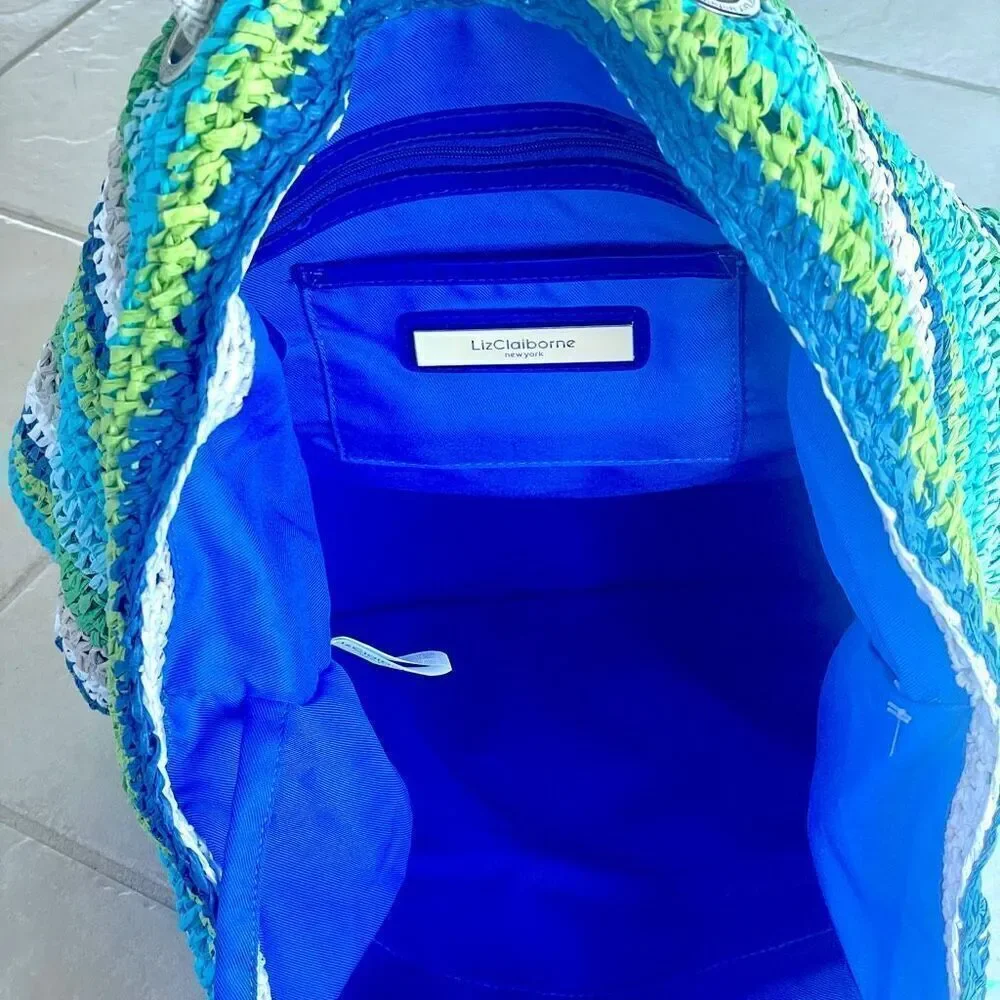 NWT Gorgeous Liz Claiborne Blue Green White Raffia Straw Big Tote Bag & pouch